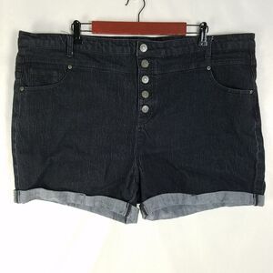 Modcloth Denim Shorts Womens 26 Black Jean High Rise Button Fly Cuffed Dark Wash